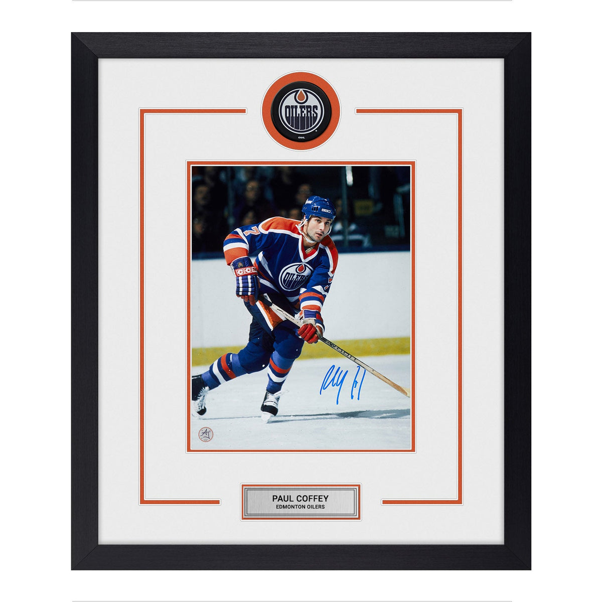 Paul Coffey Autographed Edmonton Oilers Puck Logo 23x27 Frame product image 1, provided for visual reference and product