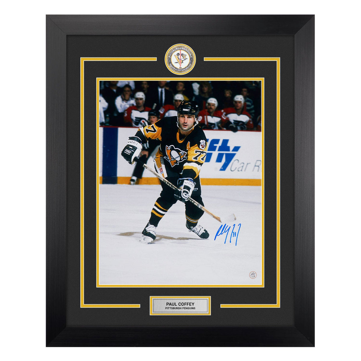 Paul Coffey Autographed Pittsburgh Penguins Classic Hockey 26x32 Frame product image 1, provided for visual reference and