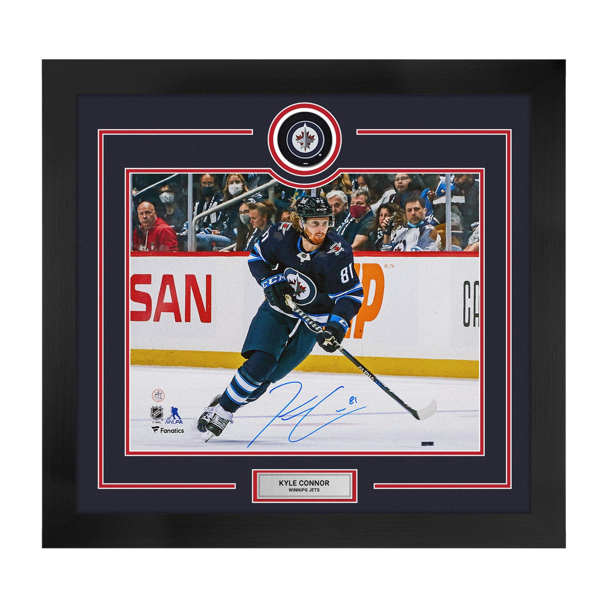 Kyle Connor Autographed Winnipeg Jets Puck Logo 28x30 Frame product image 1, provided for visual reference and product