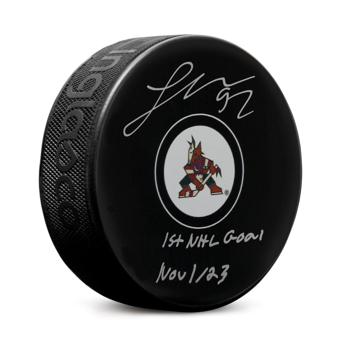 Logan Cooley Arizona Coyotes Signed & Dated 1st NHL Goal Puck product image 1, provided for visual reference and product