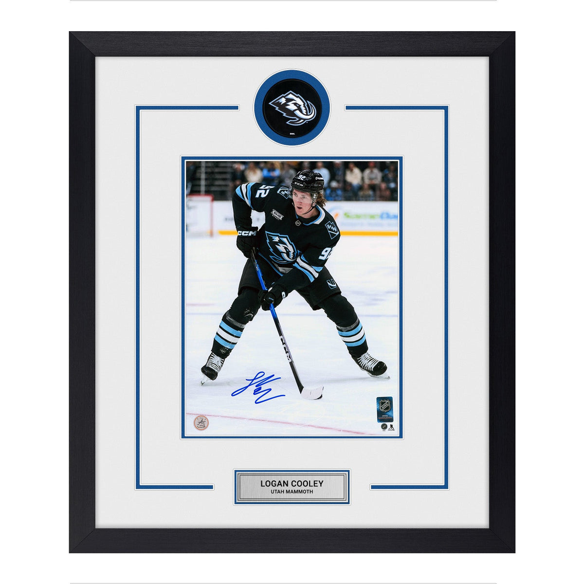 Logan Cooley Autographed Utah Mammoth Puck Logo 22x26 Frame product image 1, provided for visual reference and product