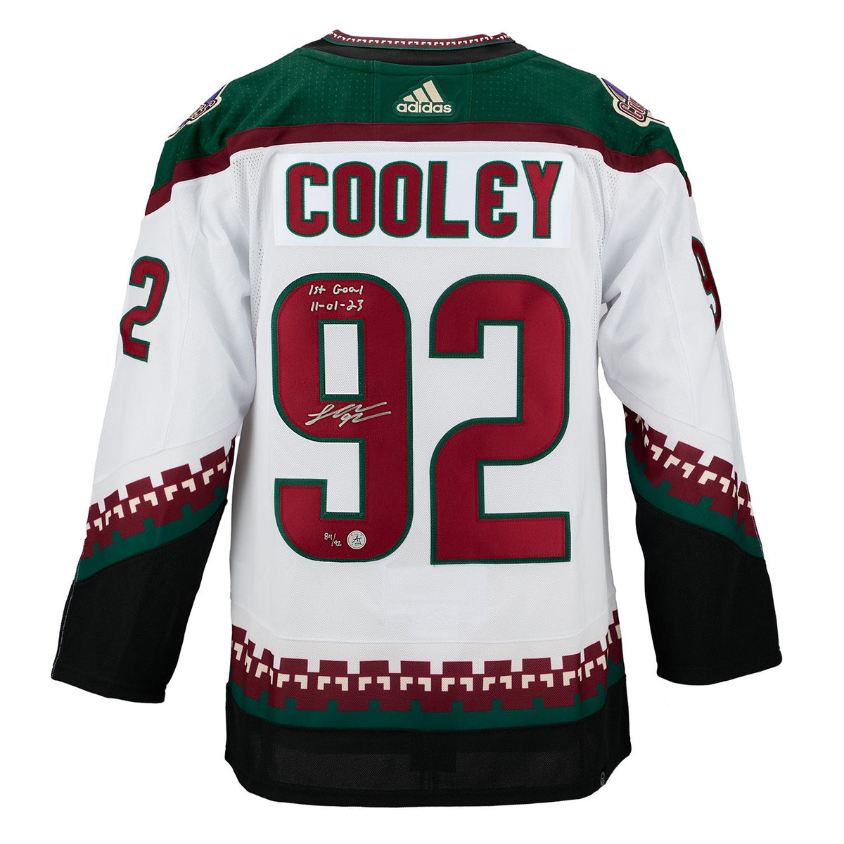 Logan Cooley Arizona Coyotes Signed & Dated 1st Goal adidas Jersey #/92 product image 1, provided for visual reference and