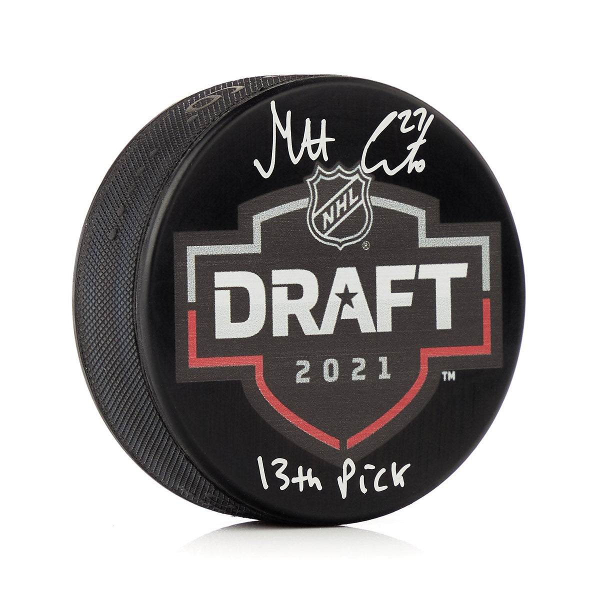 Matt Coronato Signed 2021 NHL Entry Draft Puck with 13th Pick Note product image 1, provided for visual reference and
