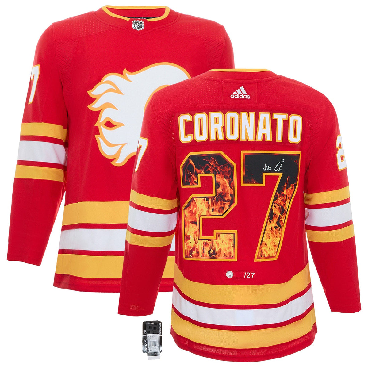 Matt Coronato Autographed Calgary Flames Roaring Fire Art Jersey #/27 product image 3, provided for visual reference and