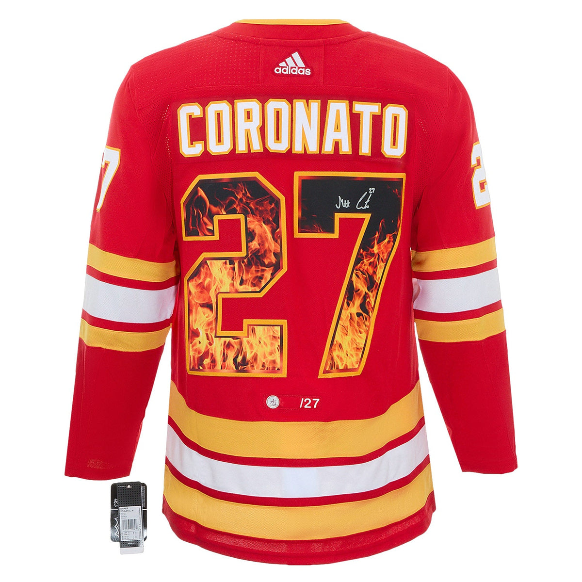 Matt Coronato Autographed Calgary Flames Roaring Fire Art Jersey #/27 product image 1, provided for visual reference and