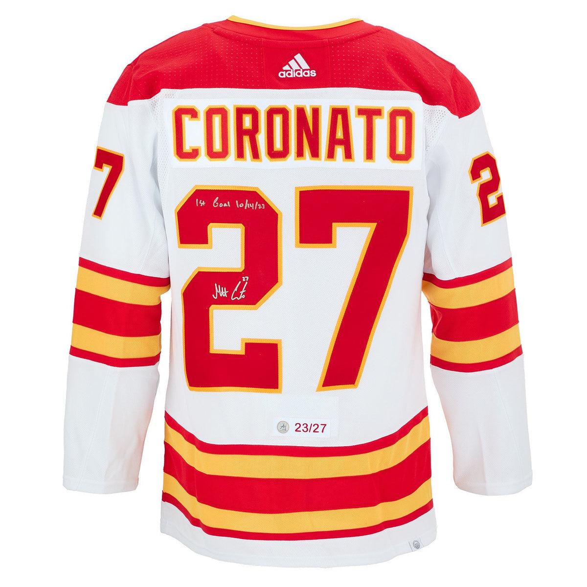 Matt Coronato Calgary Flames Signed & Dated 1st Goal adidas Jersey #/27 product image 1, provided for visual reference and