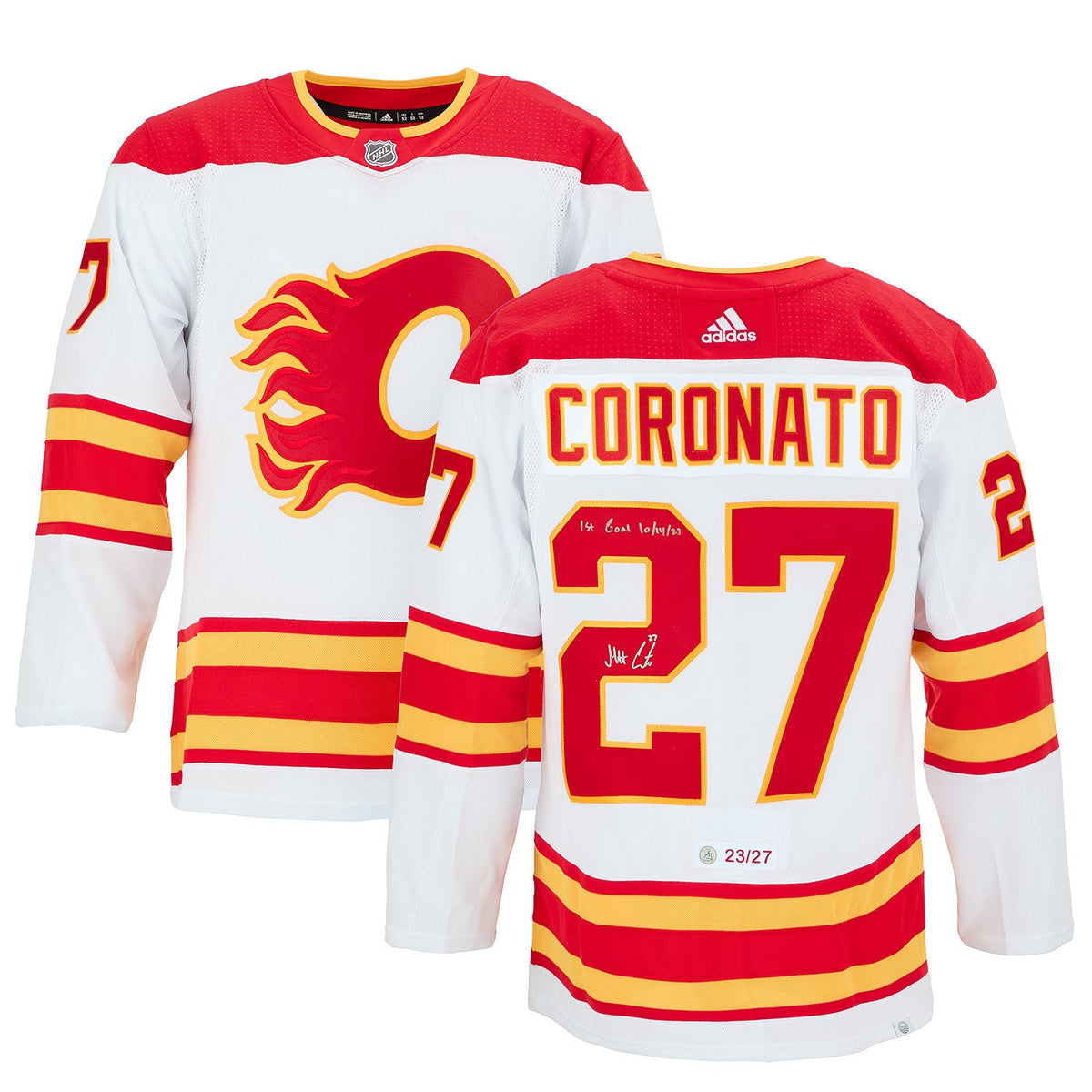 Matt Coronato Calgary Flames Signed & Dated 1st Goal adidas Jersey #/27 product image 3, provided for visual reference and