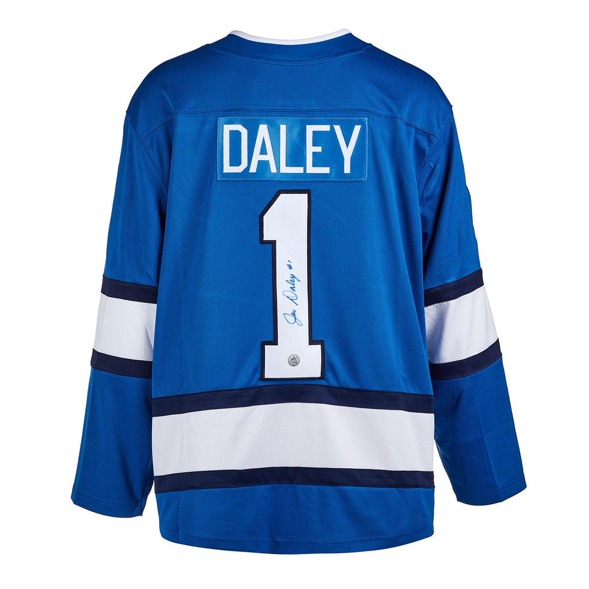 Joe Daley Autographed Winnipeg Jets Fanatics Throwback Jersey product image 1, provided for visual reference and product