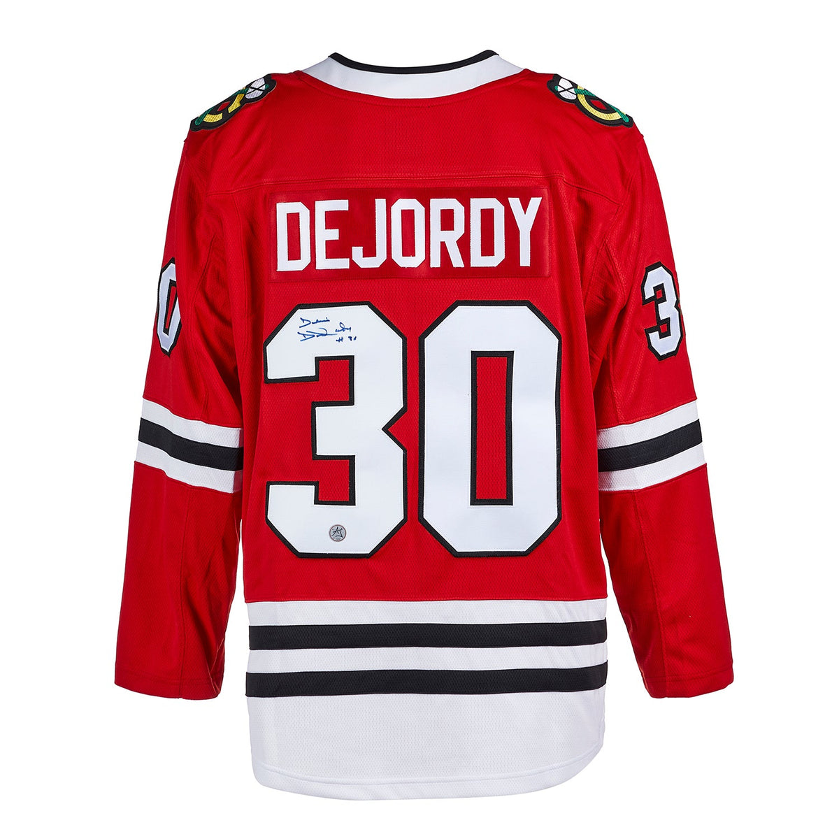 Denis Dejordy Autographed Chicago Blackhawks Fanatics Breakaway Jersey product image 1, provided for visual reference and