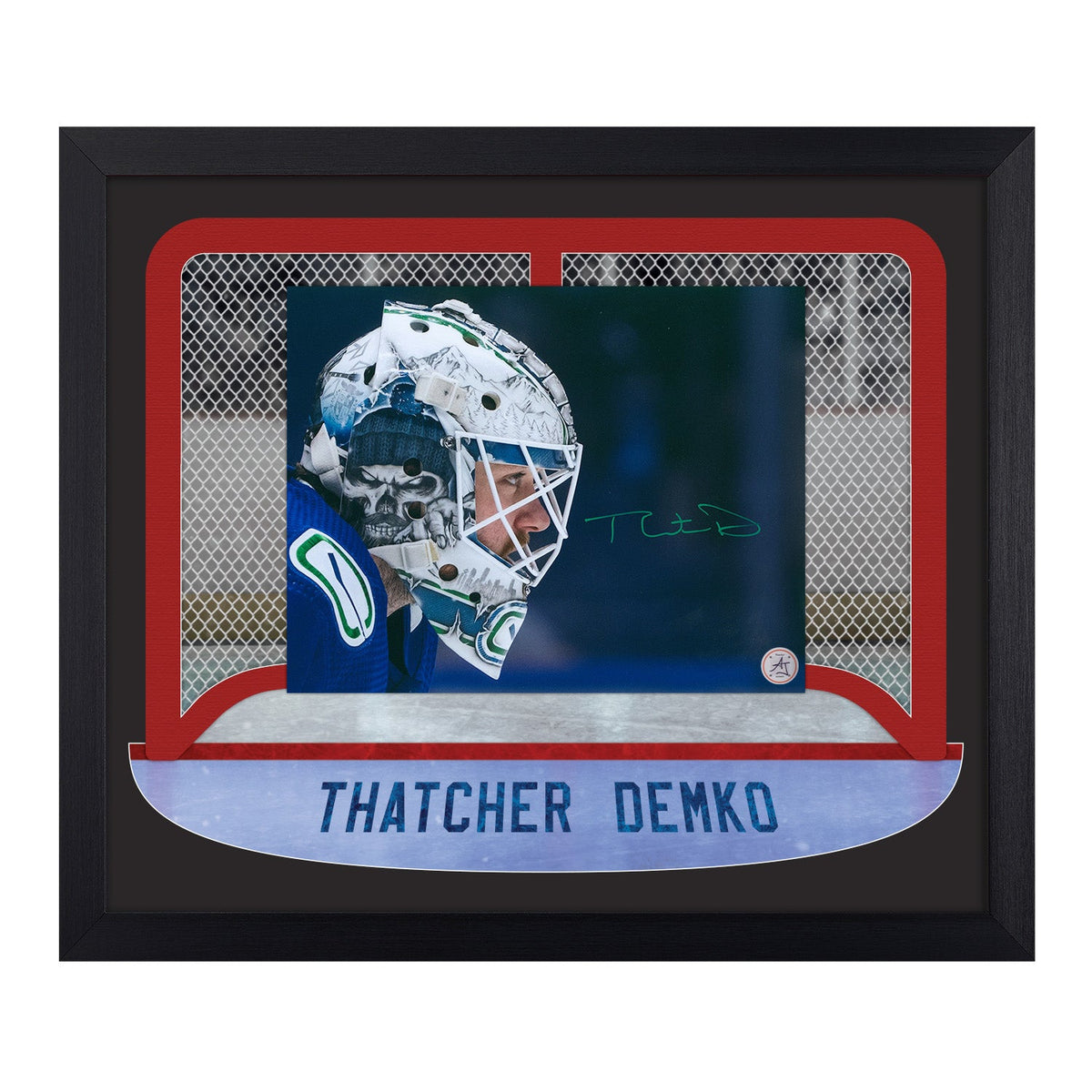 Thatcher Demko Signed Vancouver Goalie Mask Between The Pipes 23x27 Frame product image 1, provided for visual reference and