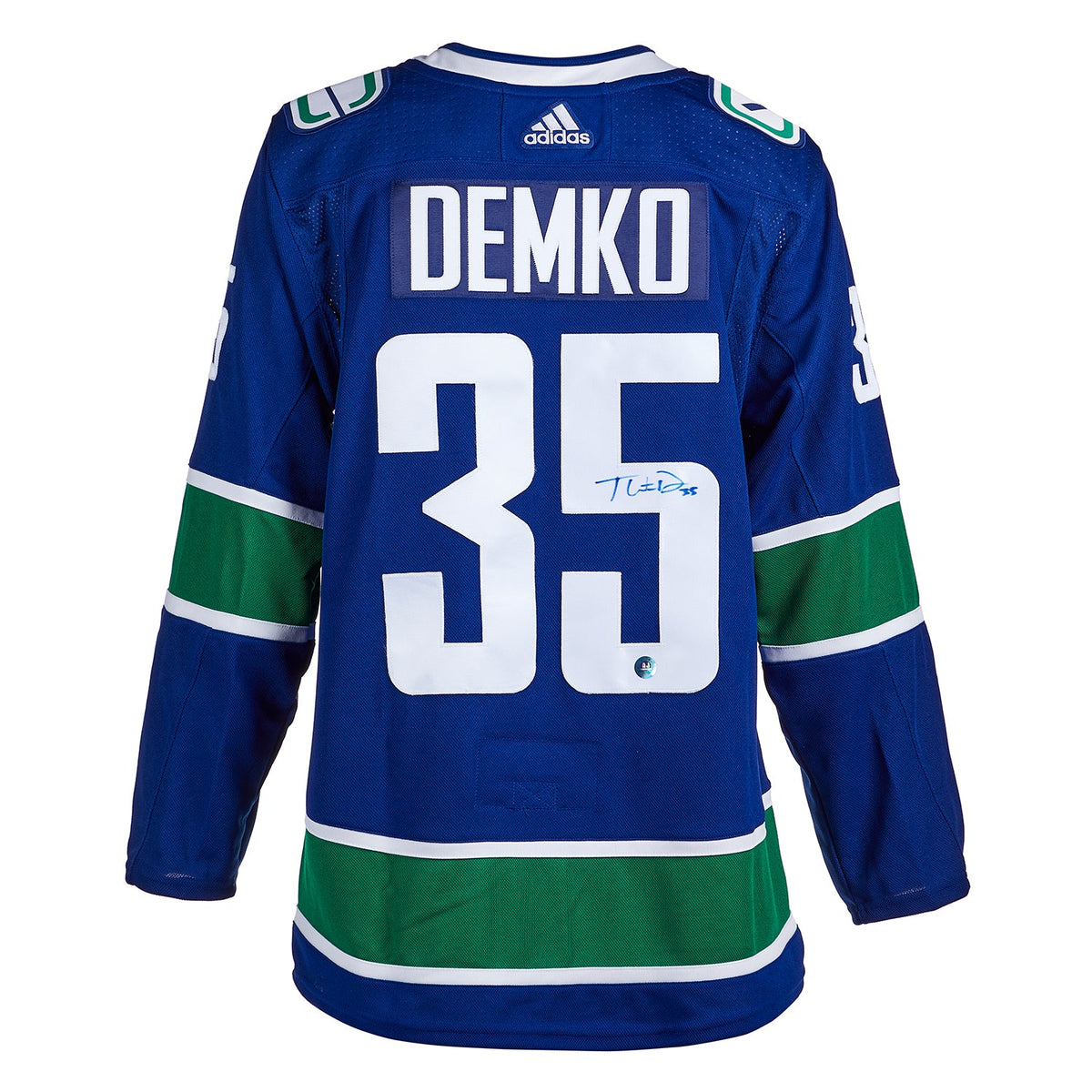 Thatcher Demko Autographed Vancouver Canucks Blue adidas Jersey product image 1, provided for visual reference and product
