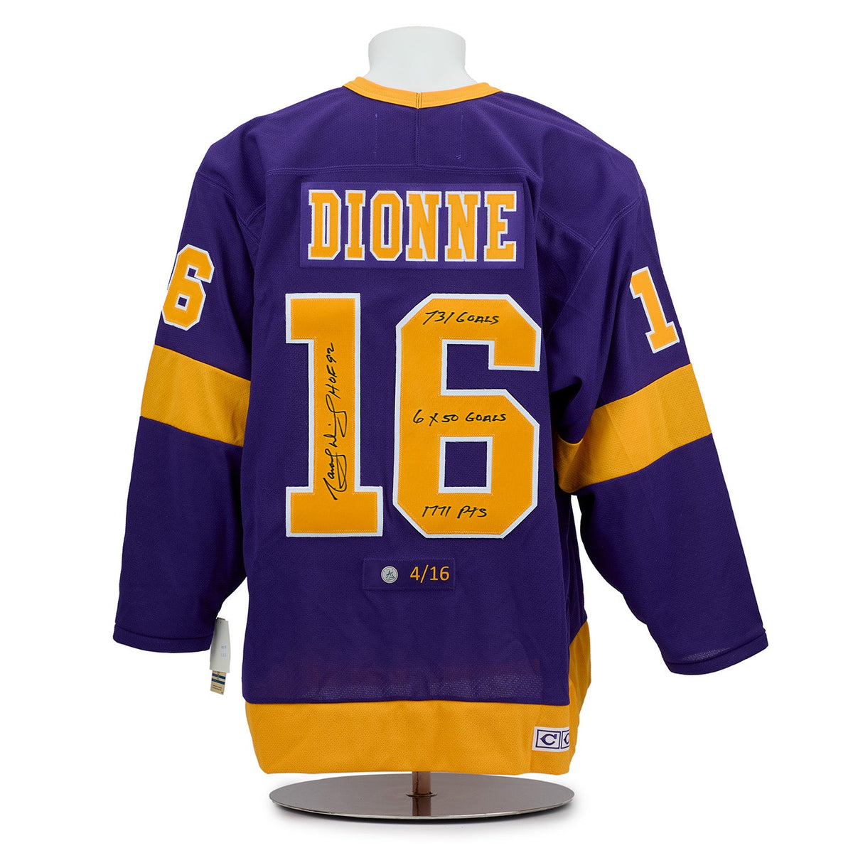 Marcel Dionne LA Kings Signed & Inscribed Career Stats Vintage CCM Jersey #4/16 product image 1, provided for visual