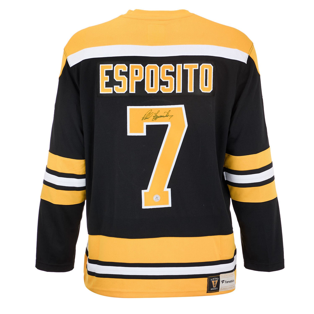 Phil Esposito Autographed Boston Bruins Fanatics Throwback Jersey product image 1, provided for visual reference and product