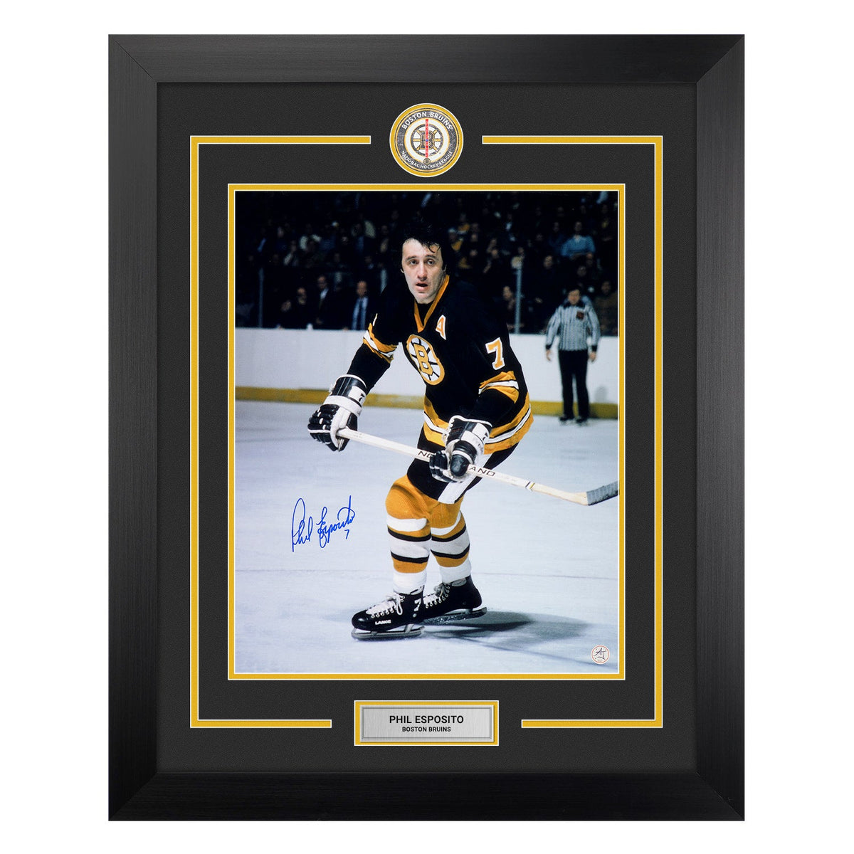Phil Esposito Autographed Boston Bruins Centre Ice Logo 26x32 Frame product image 1, provided for visual reference and