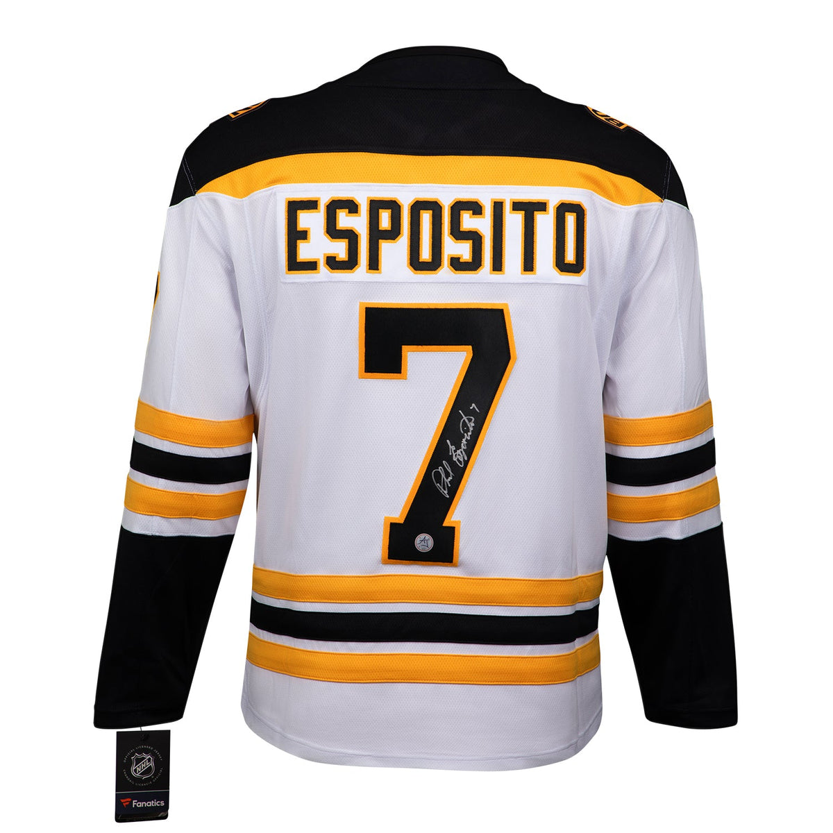 Phil Esposito Signed Boston Bruins White Fanatics Breakaway Jersey product image 1, provided for visual reference and