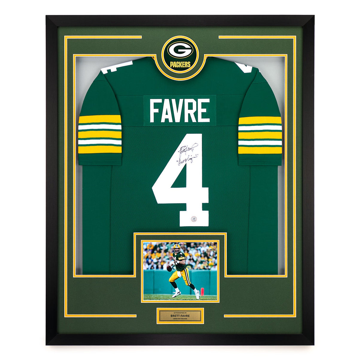 Brett Favre Autographed Green Bay Packers Team Logo 36x44 Jersey Frame product image 1, provided for visual reference and