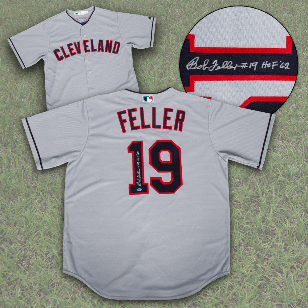 Bob Feller Autographed Cleveland Indians Grey Majestic Jersey product image 1, provided for visual reference and product