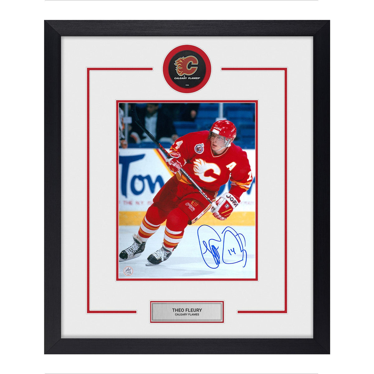 Theo Fleury Signed Calgary Flames Puck Logo 22x26 Frame product image 1, provided for visual reference and product detail