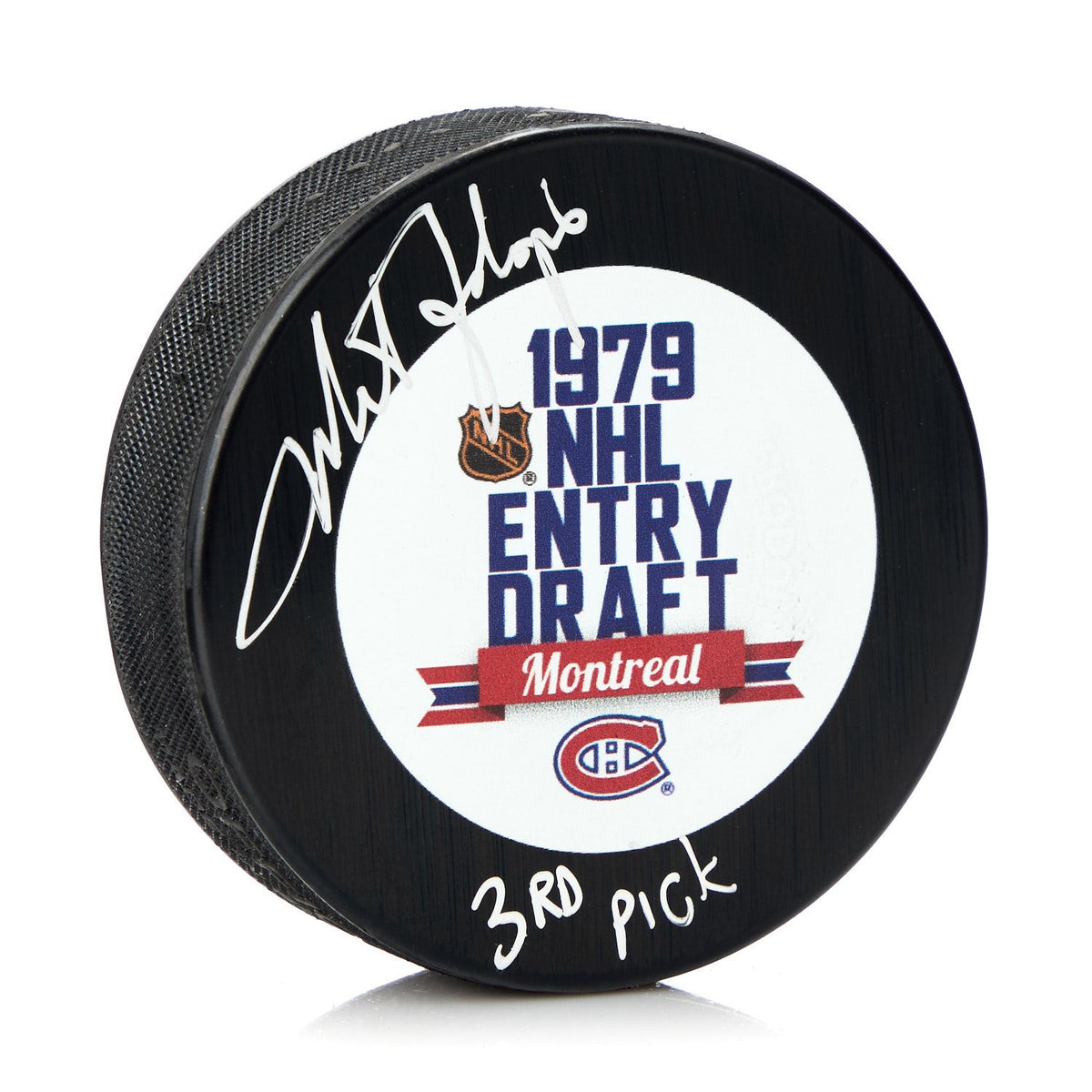 Mike Foligno Signed 1979 NHL Entry Draft Puck with 3rd Pick Note product image 1, provided for visual reference and product