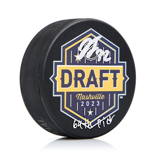 Jacob Fowler Signed 2023 NHL Entry Draft Puck with 69th Pick Note product image 1, provided for visual reference and product