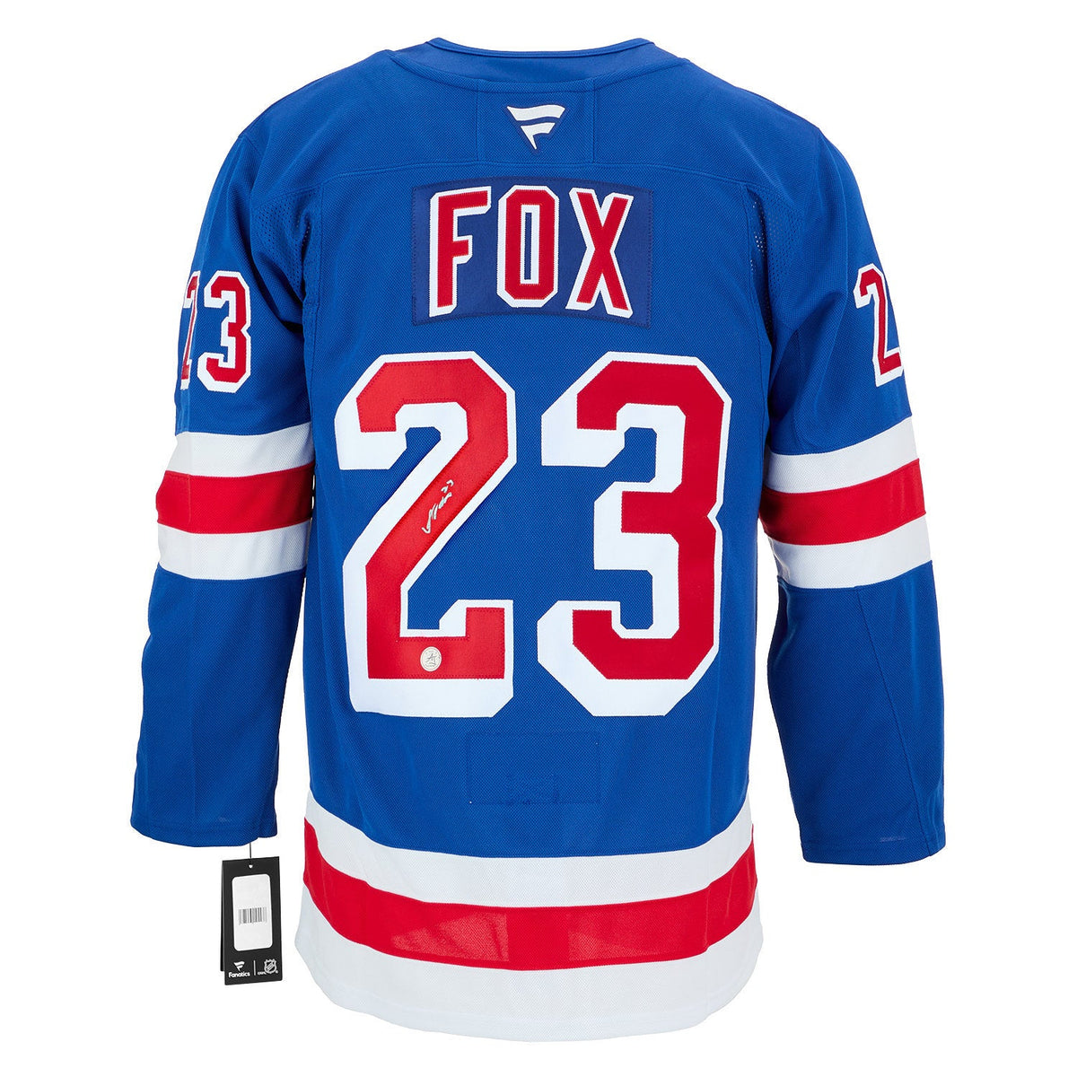 Adam Fox Autographed New York Rangers Fanatics Premium Jersey product image 1, provided for visual reference and product