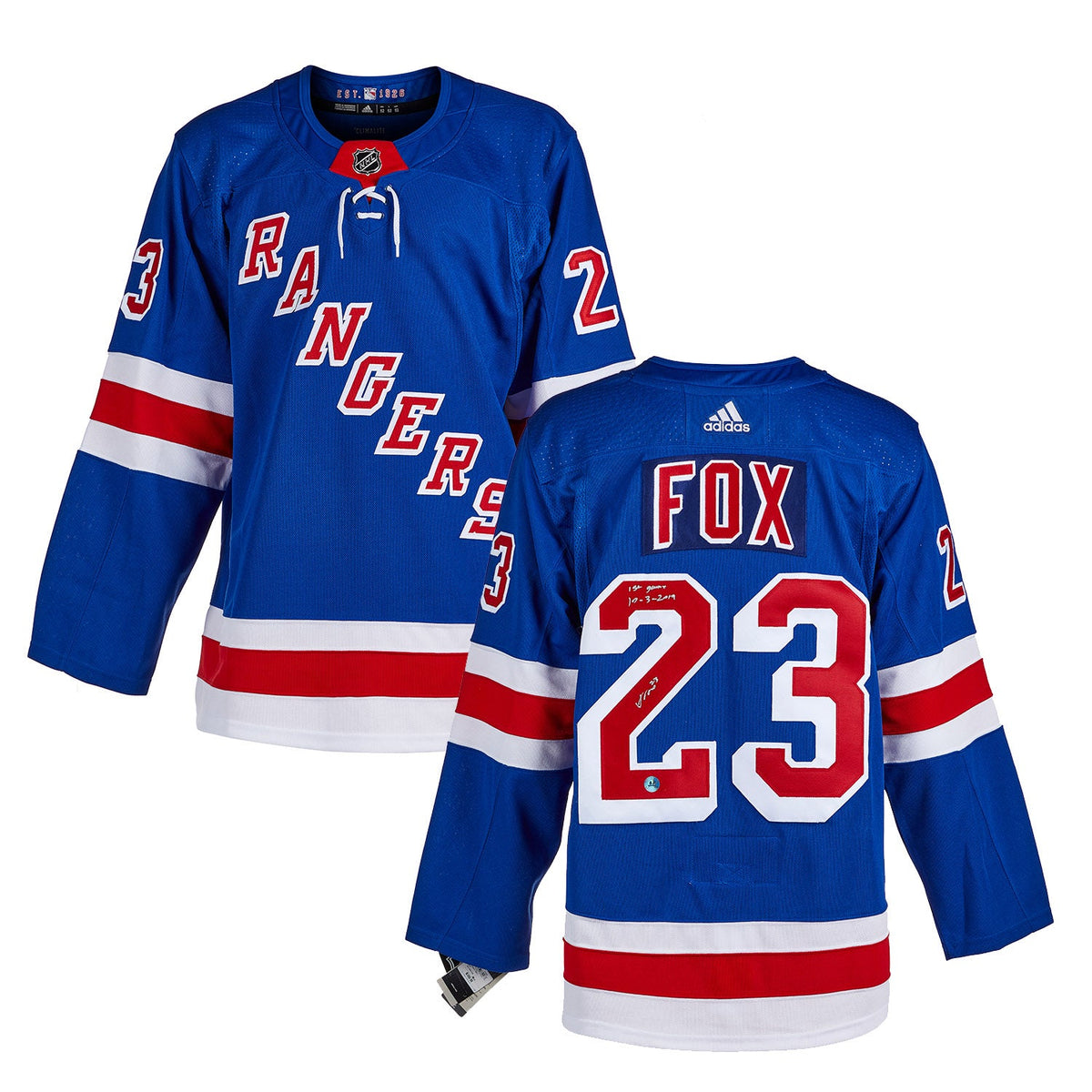 Adam Fox Signed & Dated 1st Game New York Rangers Blue adidas Jersey product image 3, provided for visual reference and