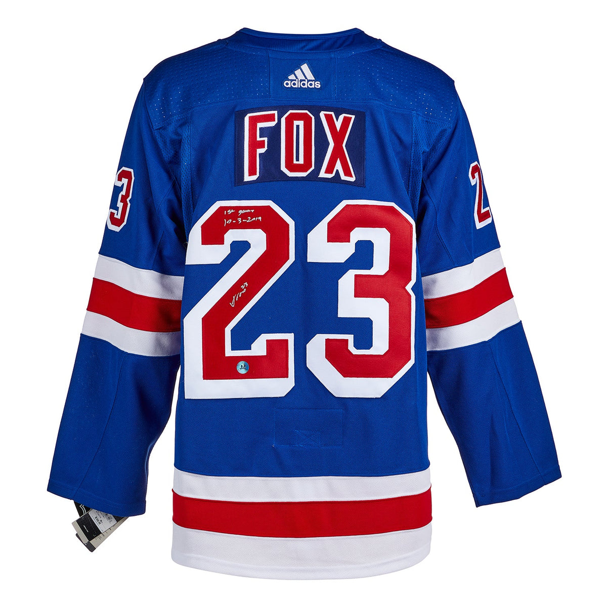 Adam Fox Signed & Dated 1st Game New York Rangers Blue adidas Jersey product image 1, provided for visual reference and