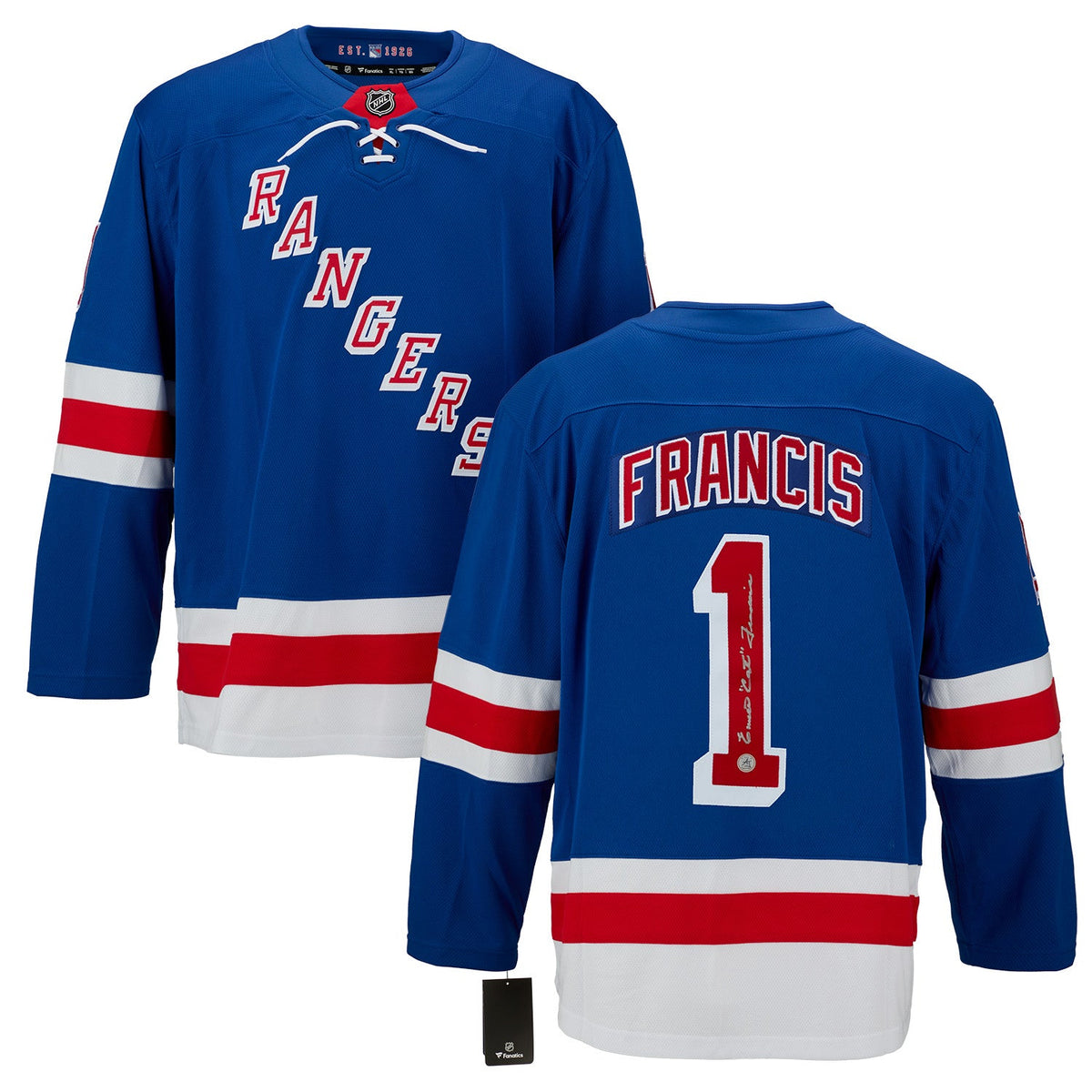 Emile Francis Autographed New York Rangers Fanatics Breakaway Jersey product image 3, provided for visual reference and