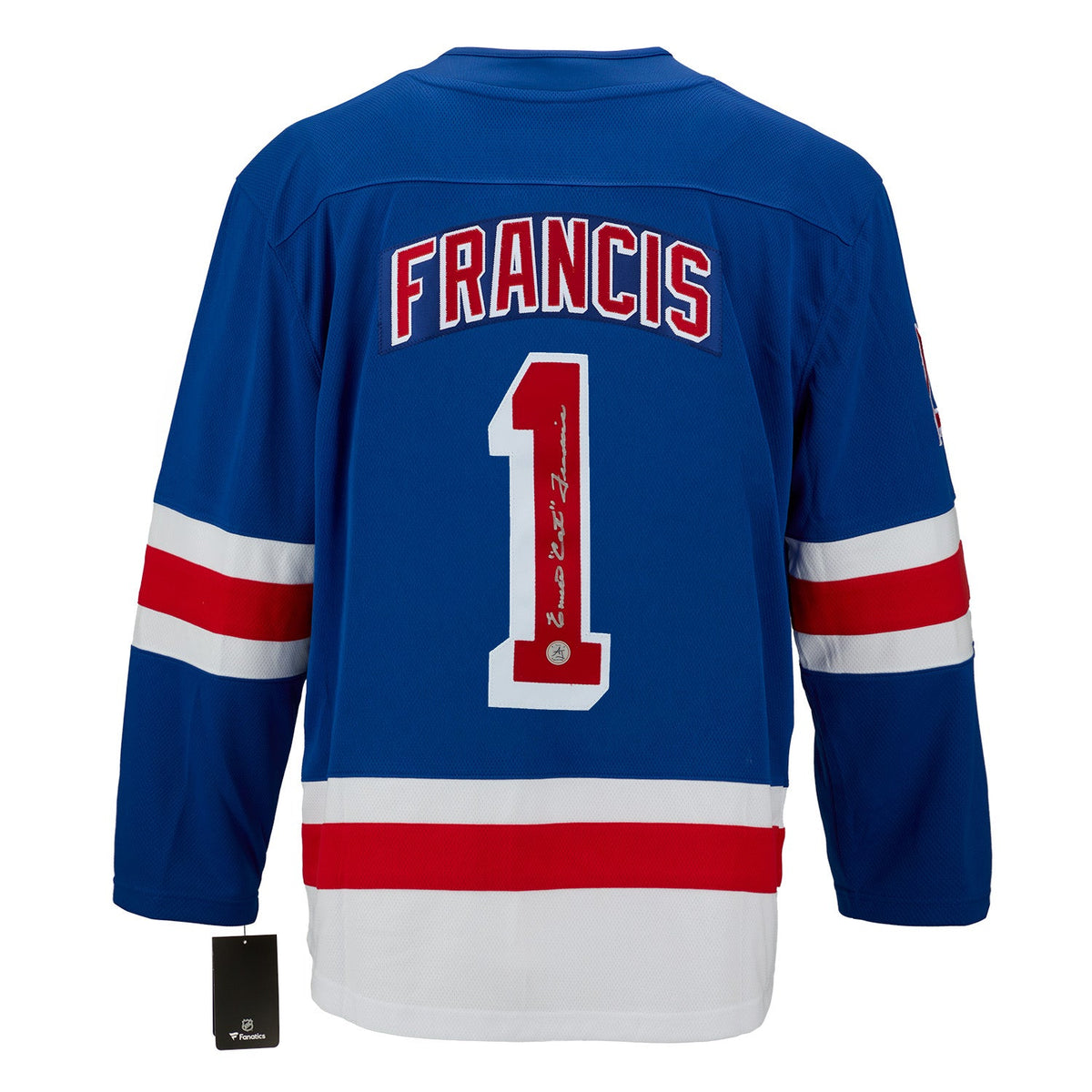 Emile Francis Autographed New York Rangers Fanatics Breakaway Jersey product image 1, provided for visual reference and