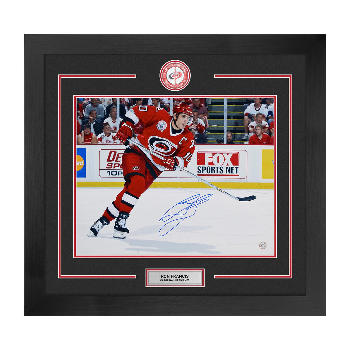 Ron Francis Autographed Carolina Hurricanes Centre Ice Logo 28x30 Frame product image 1, provided for visual reference and