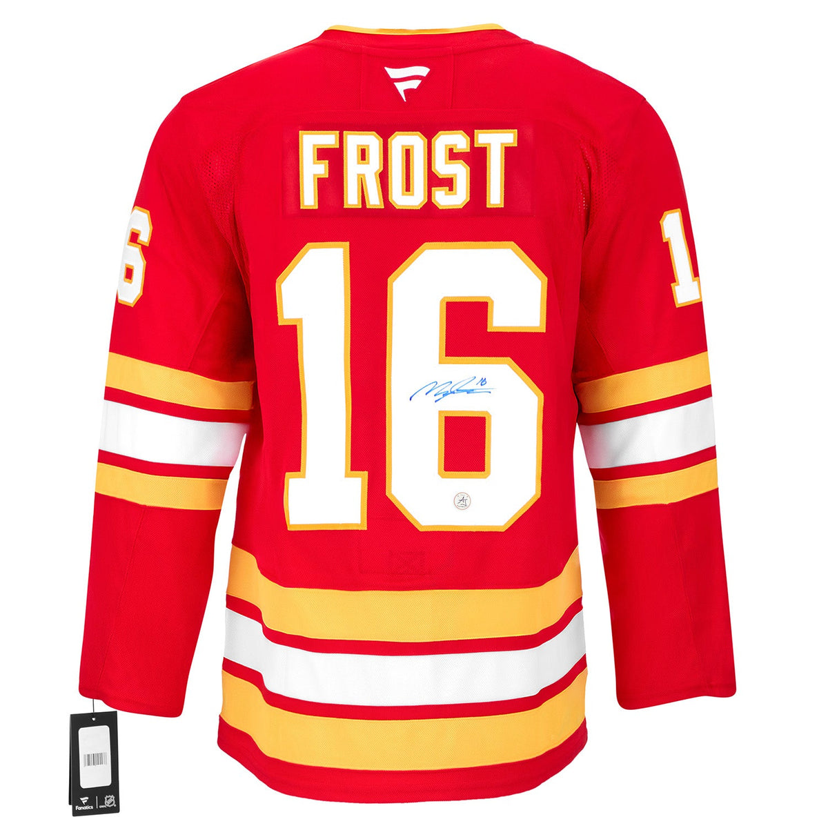 Morgan Frost Autographed Calgary Flames Fanatics Premium Jersey product image 1, provided for visual reference and product