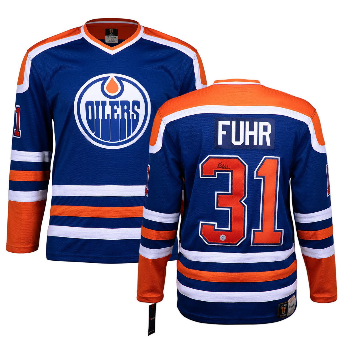 Grant Fuhr Autographed Edmonton Oilers Fanatics Throwback Jersey product image 3, provided for visual reference and product