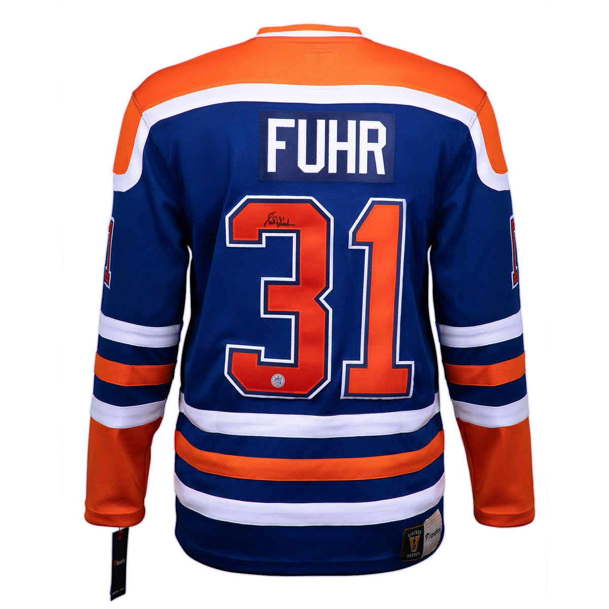 Grant Fuhr Autographed Edmonton Oilers Fanatics Throwback Jersey product image 1, provided for visual reference and product