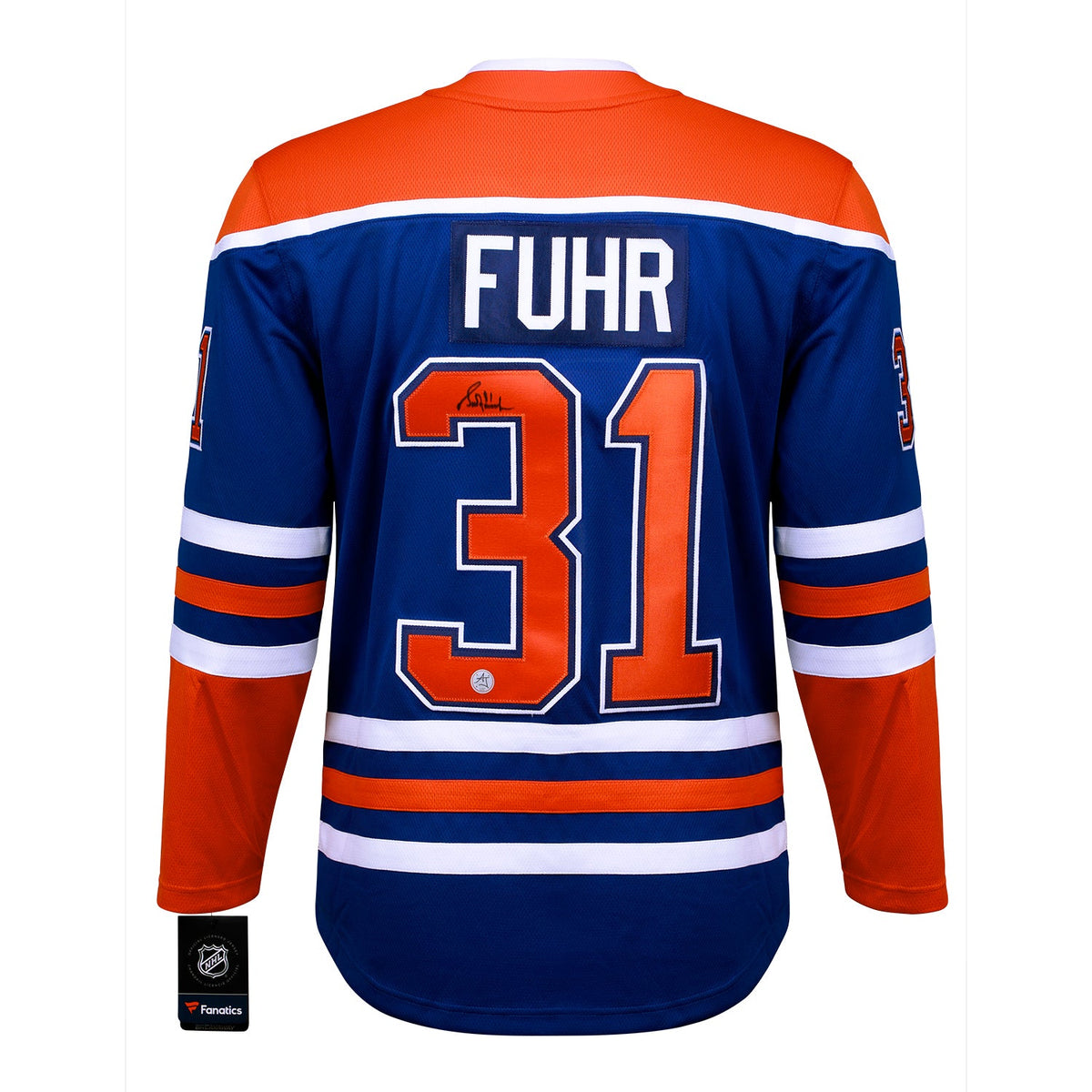 Grant Fuhr Signed Edmonton Oilers Blue Fanatics Breakaway Jersey product image 1, provided for visual reference and product