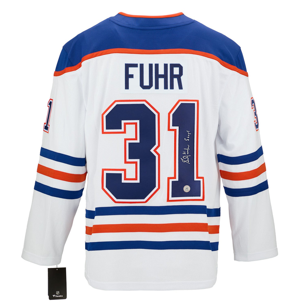 Grant Fuhr Signed & Inscribed Edmonton Oilers White Fanatics Breakaway Jersey product image 1, provided for visual reference