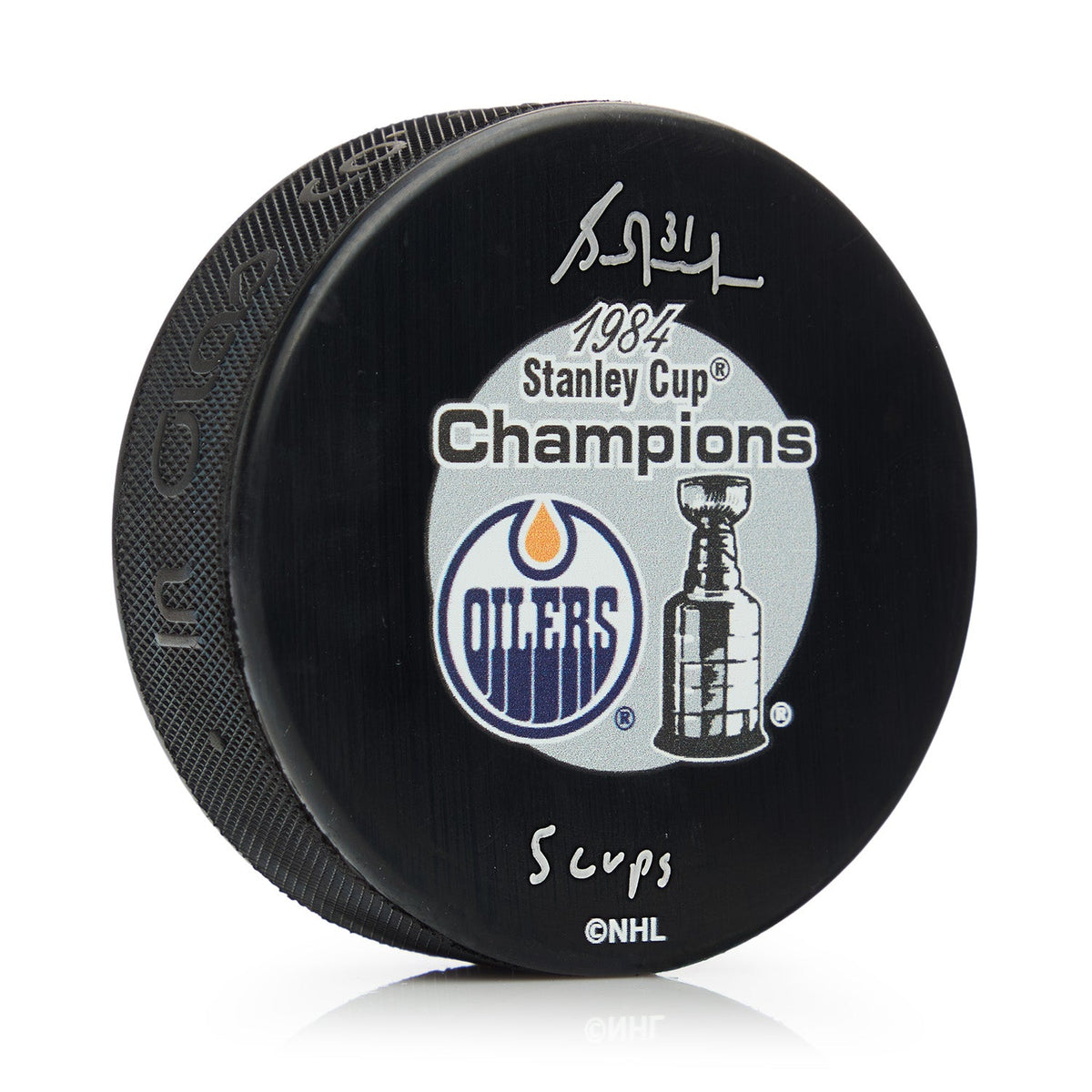 Grant Fuhr Signed Edmonton Oilers 1984 Stanley Cup Puck with 5 Cups Note product image 1, provided for visual reference and