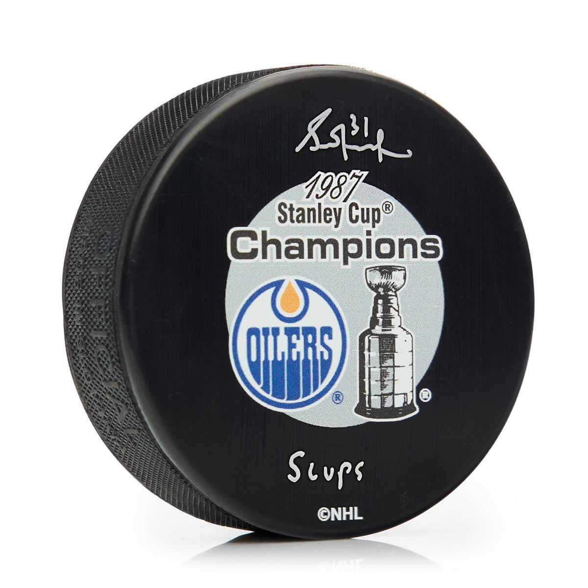 Grant Fuhr Signed Edmonton Oilers 1987 Stanley Cup Puck with 5 Cups Note product image 1, provided for visual reference and