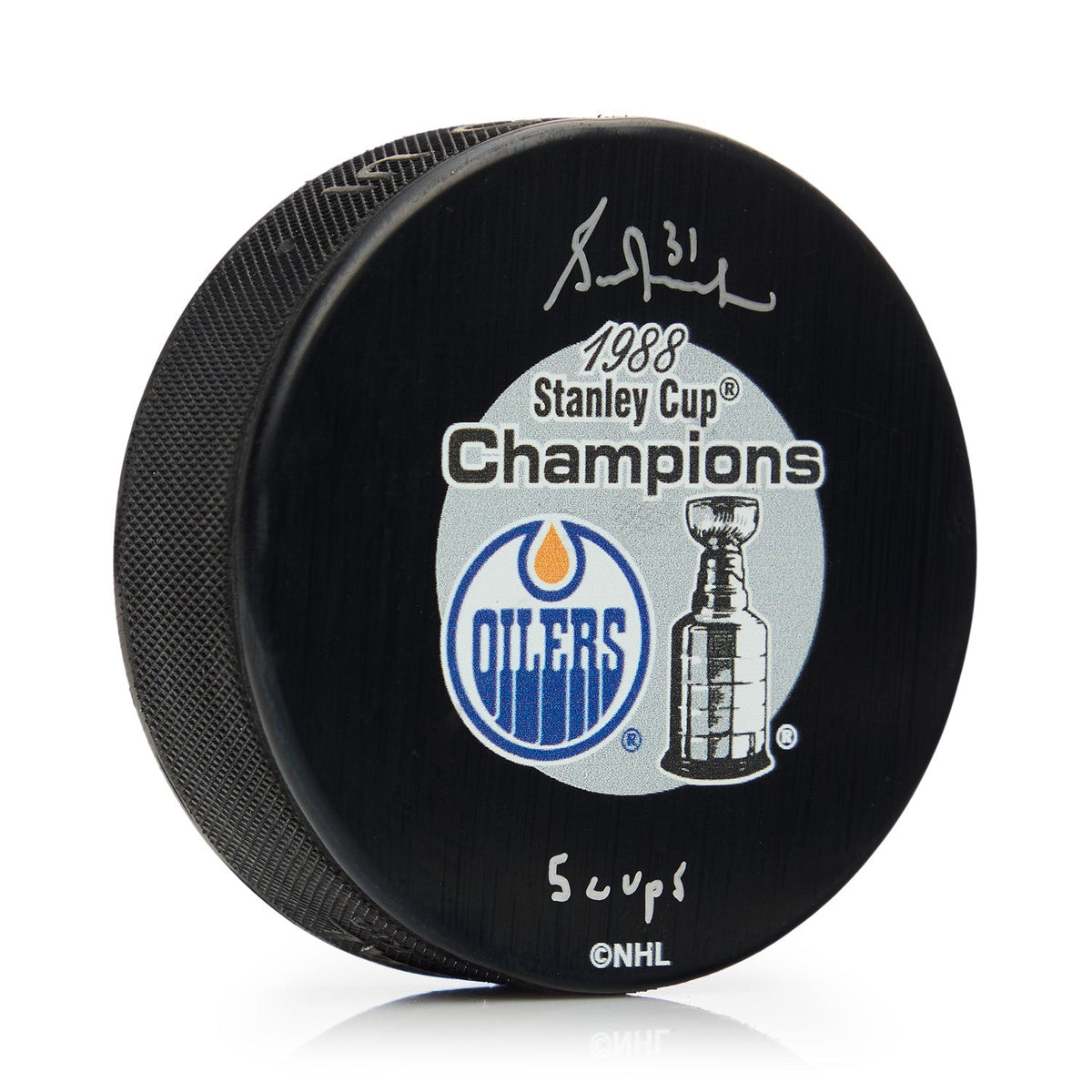 Grant Fuhr Signed Edmonton Oilers 1988 Stanley Cup Puck with 5 Cups Note product image 1, provided for visual reference and
