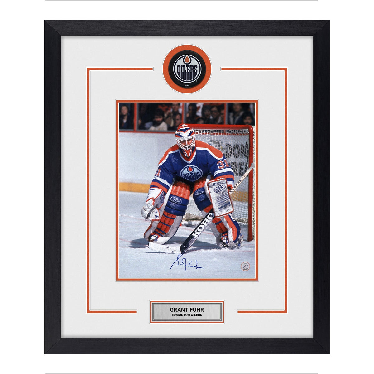 Grant Fuhr Signed Edmonton Oilers Puck Logo 22x26 Frame product image 1, provided for visual reference and product detail