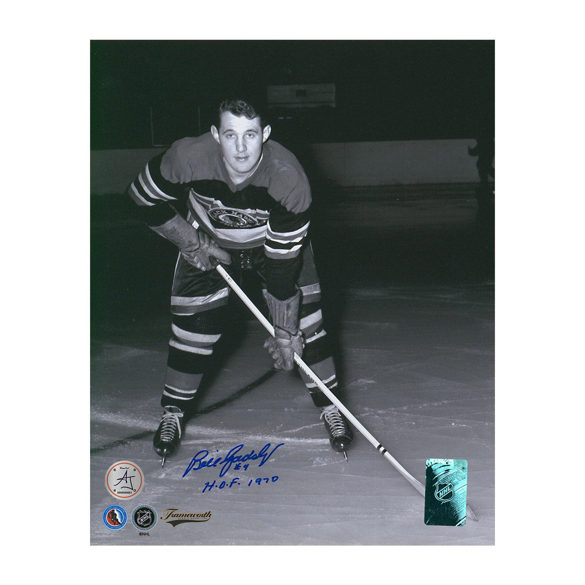Bill Gadsby Autographed Chicago Blackhawks Black and White 8x10 Photo product image 1, provided for visual reference and