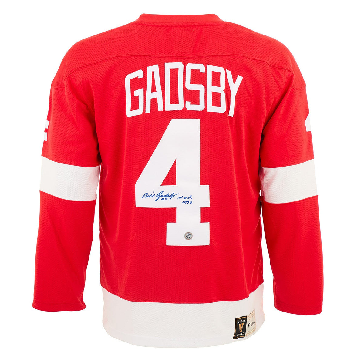 Bill Gadsby Signed Detroit Red Wings Throwback Breakaway Jersey product image 1, provided for visual reference and product