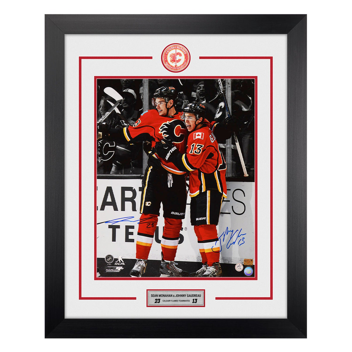Johnny Gaudreau & Sean Monahan Dual Signed Calgary Flames Centre Ice 26x32 Frame product image 1, provided for visual
