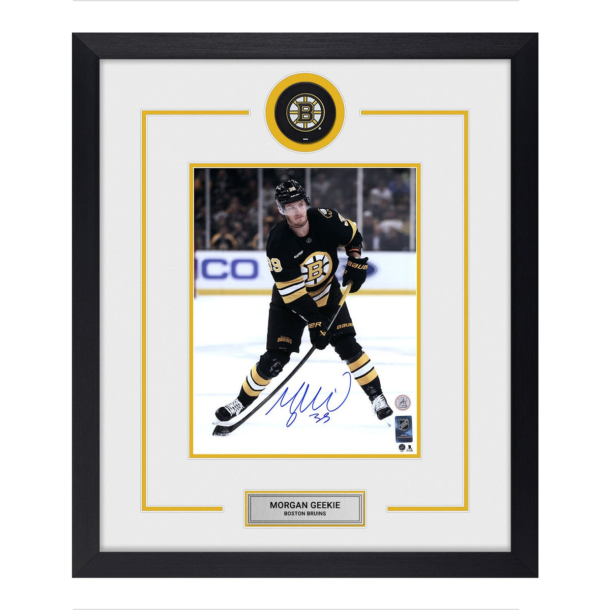 Morgan Geekie Autographed Boston Bruins Puck Logo 22x26 Frame product image 1, provided for visual reference and product