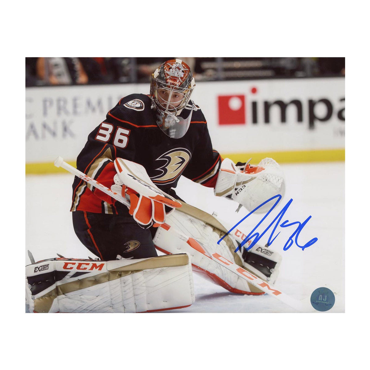 John Gibson Autographed Anaheim Ducks Goalie 8x10 Photo product image 1, provided for visual reference and product detail