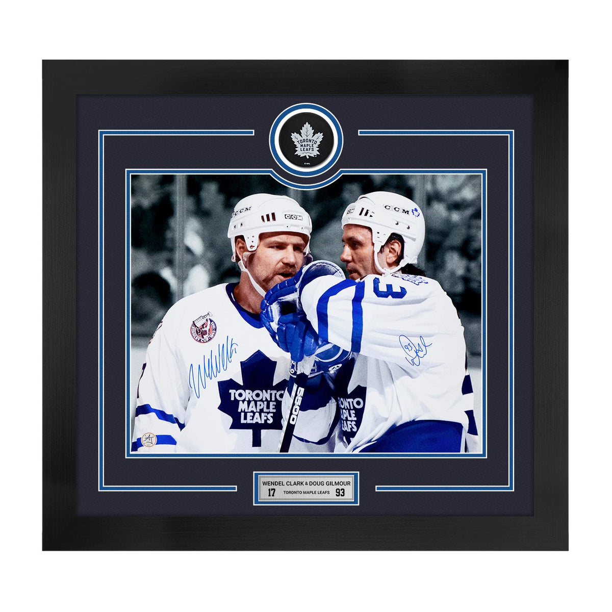 Doug Gilmour & Wendel Clark Dual Signed Toronto Maple Leafs Puck Logo 28x30 Frame product image 1, provided for visual