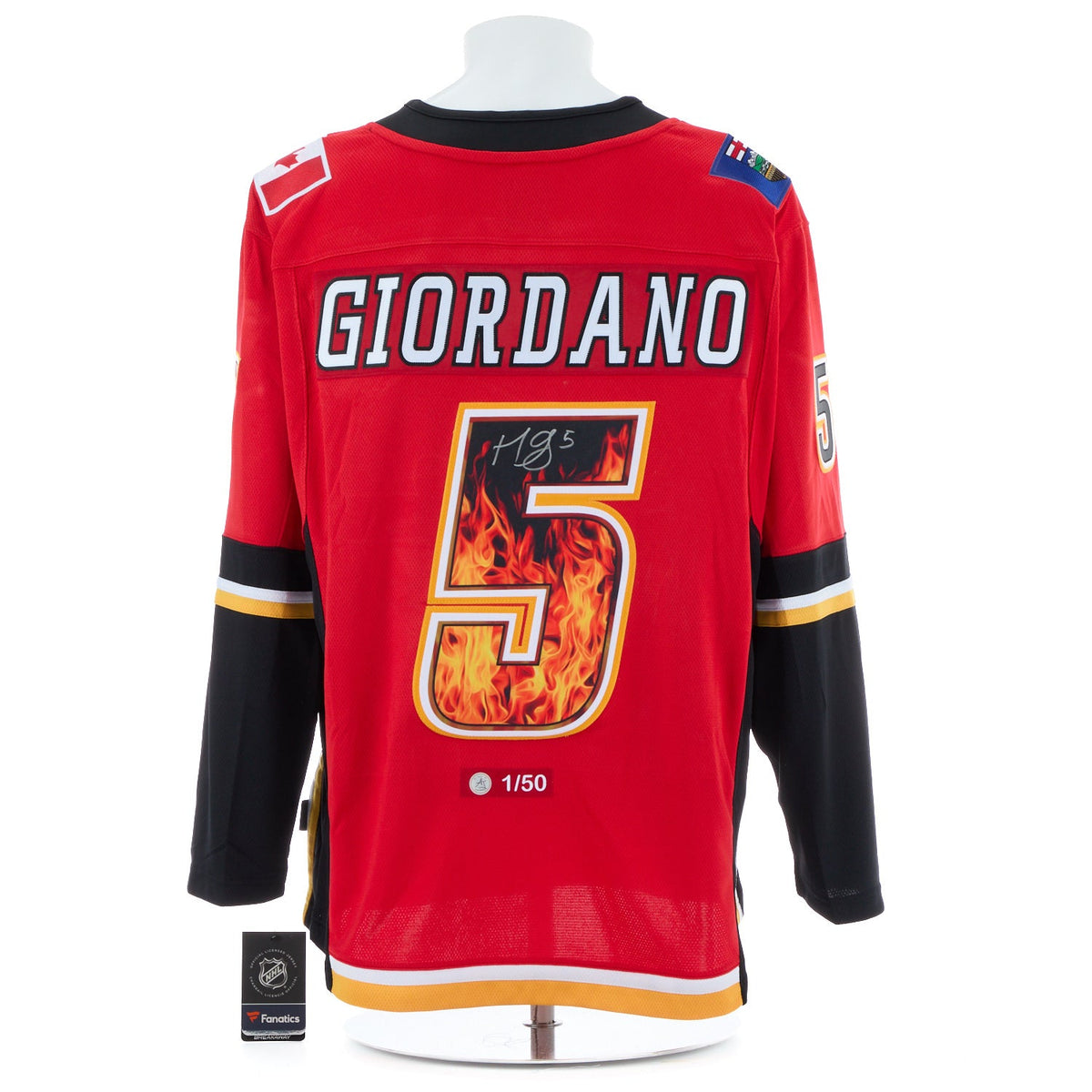 Mark Giordano Signed Calgary Flames Roaring Fire Art Jersey #1/50 product image 1, provided for visual reference and product