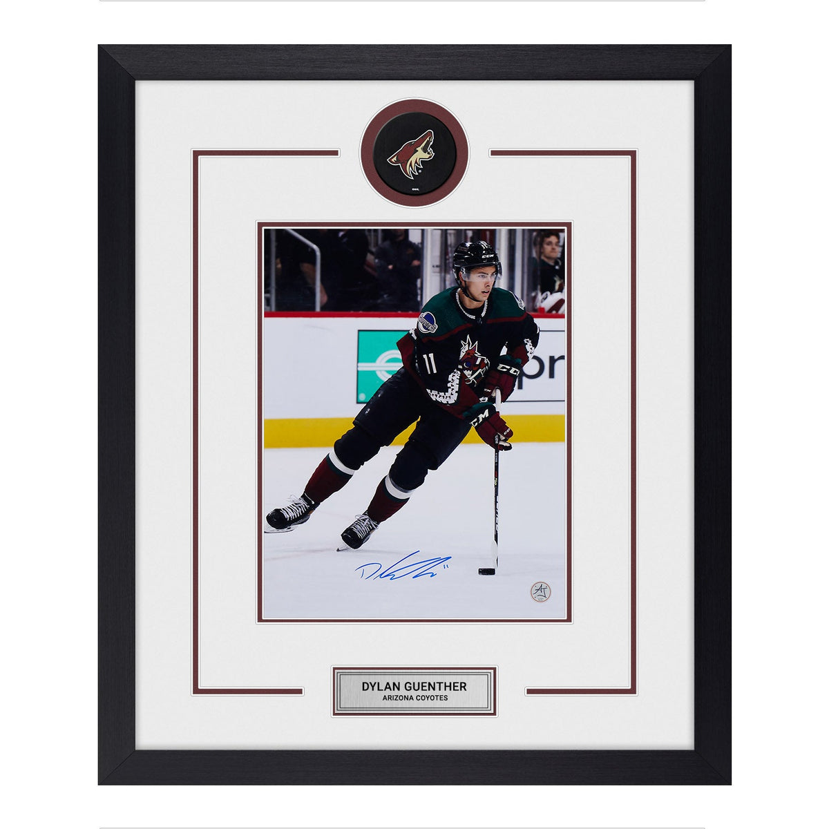 Dylan Guenther Autographed Arizona Coyotes Puck Logo 23x27 Frame product image 1, provided for visual reference and product