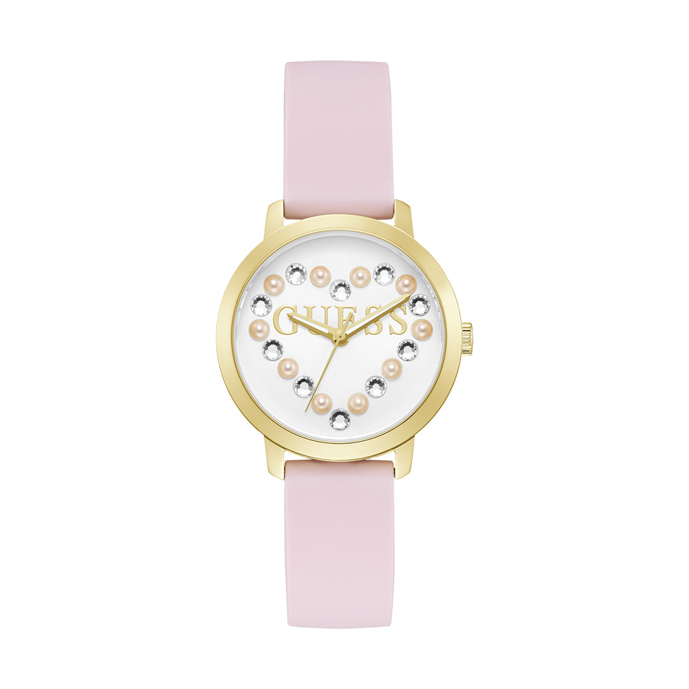 GUESS Ladies 36mm Yellow Gold Case with Pink Silicon Strap - Pink