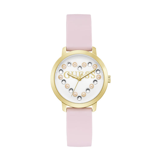 GUESS Ladies 36mm Yellow Gold Case with Pink Silicon Strap - Pink