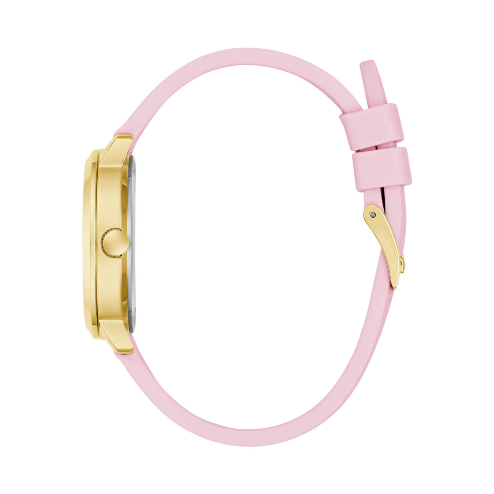 GUESS Ladies 36mm Yellow Gold Case with Pink Silicon Strap - Pink